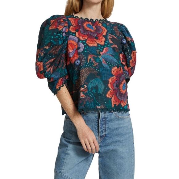 FARM RIO River Creatures Puff-Sleeve Blouse sz S - Picture 1 of 7